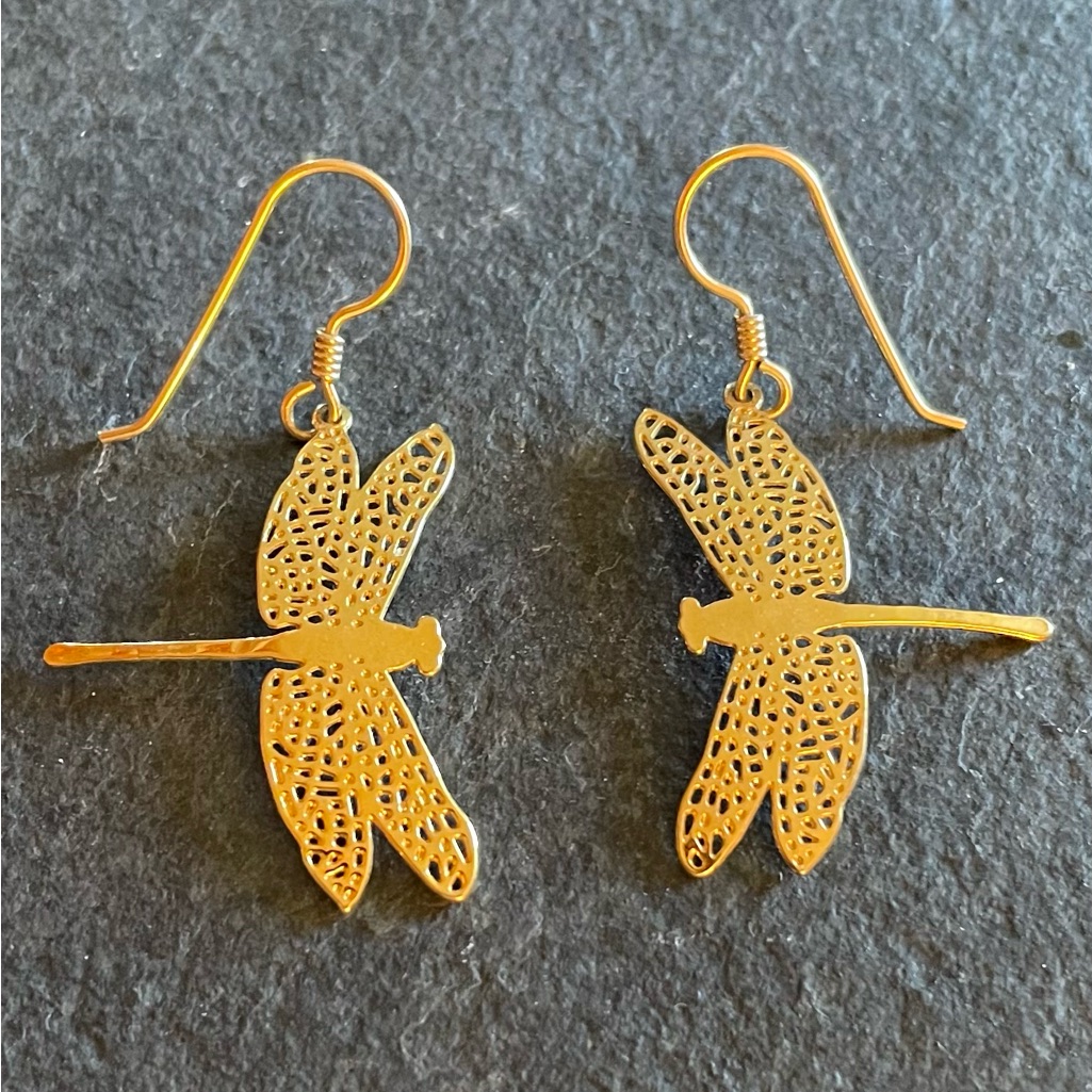 Vintage Wild Bryde Gold Filigree Dragonfly Dangle Drop Hook Earrings 30mm